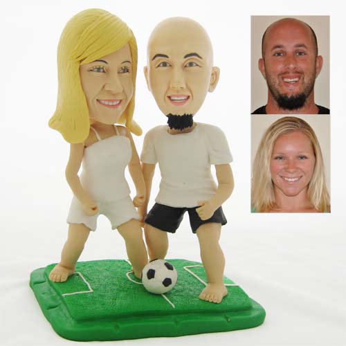 Beach Soccer Wedding Cake Toppers, Bride and Groom Figurines Chasing Soccer Ball - Click Image to Close